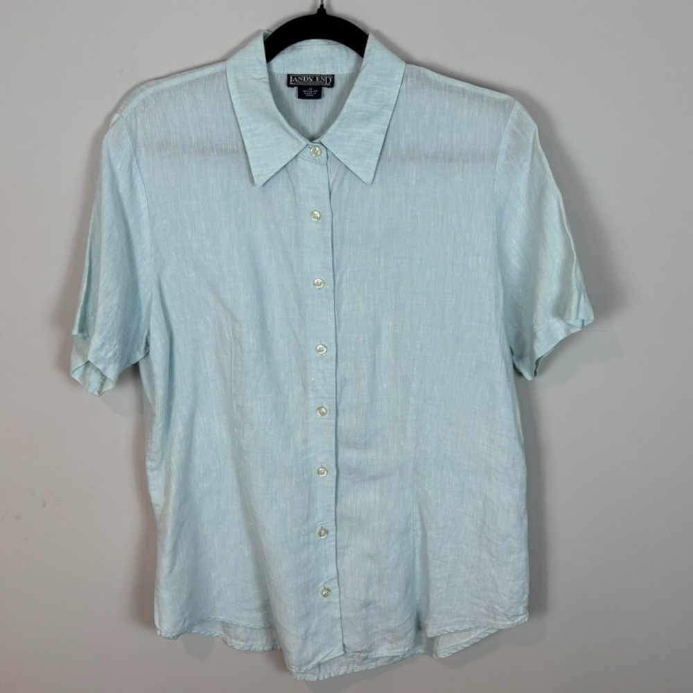 Lands End Womens 100% Linen Light Blue Semi-Sheer Short Sleeve Button up Top 12